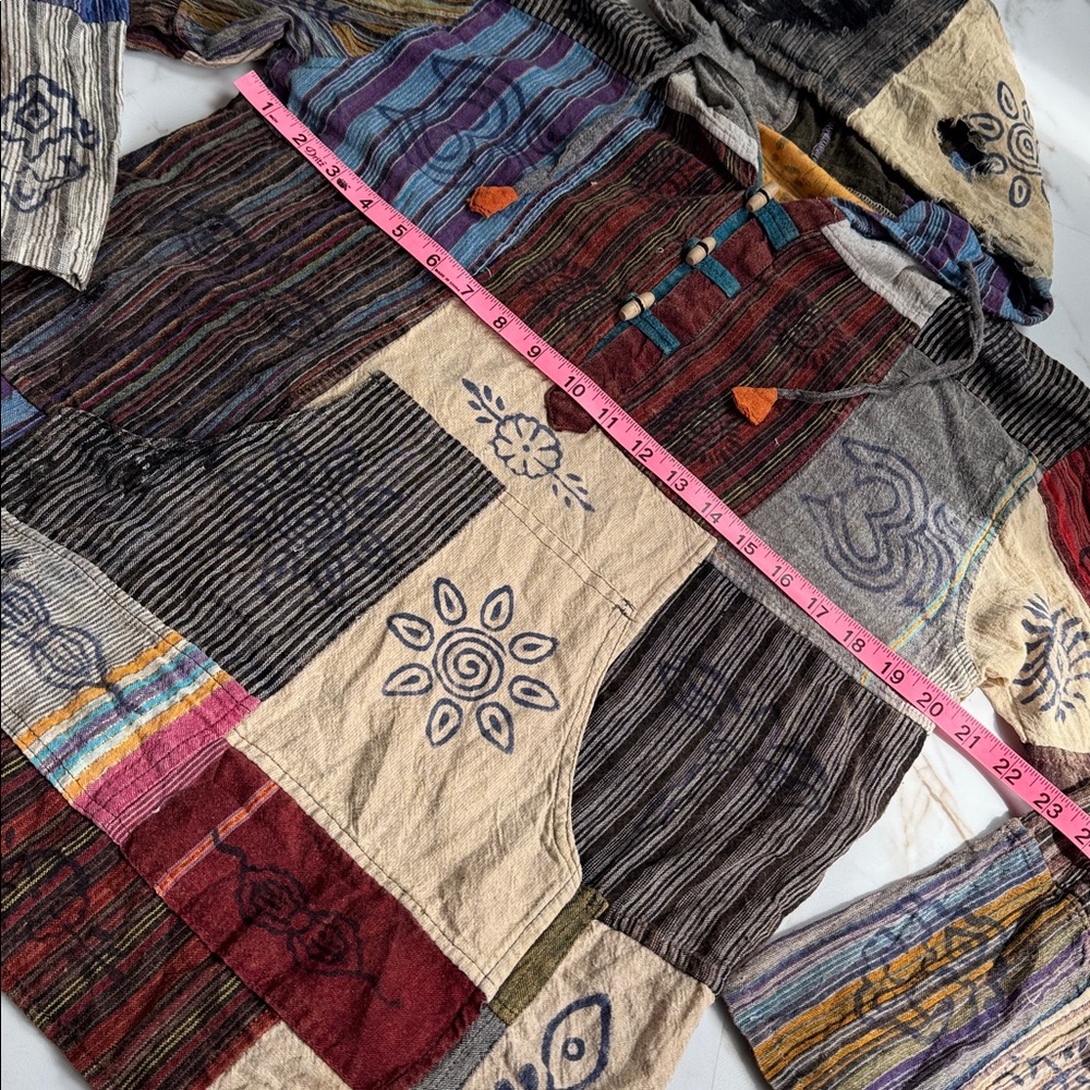 Bohemian Patchwork Distressed Pull Over Hooded Sw… - image 2